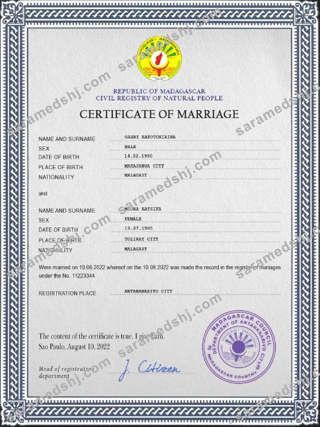 Madagascar marriage certificate PSD template